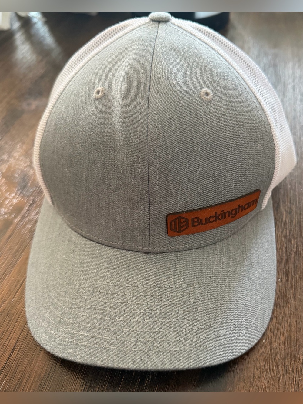 Buckingham Leather Patch Trucker Hat Heather Grey White Mesh Back Cap